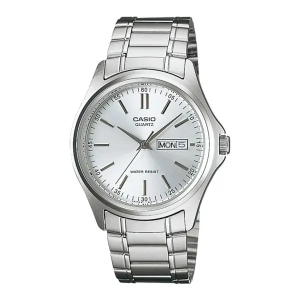 Casio MTP-1239D-1ADF Enticer Ion Plated Stainless Steel Strap Water Resistant Analog Men's Wristwatch – Dial Color: White, Strap Color: Silver – View 1