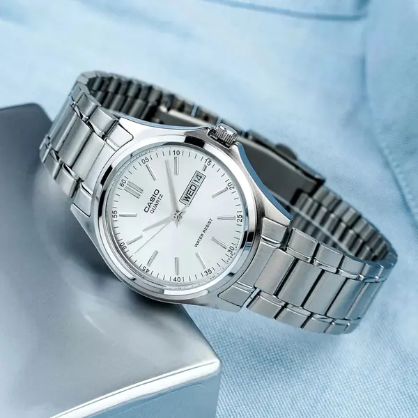 Casio MTP-1239D-1ADF Enticer Ion Plated Stainless Steel Strap Water Resistant Analog Men's Wristwatch – Dial Color: White, Strap Color: Silver – View 5