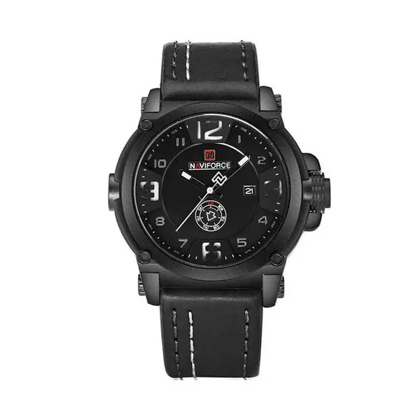 Naviforce NF9099 Luxury Leather Strap Chronograph Casual Male Fashion Watch – Dial Color: White, Strap Color: Black – View 1