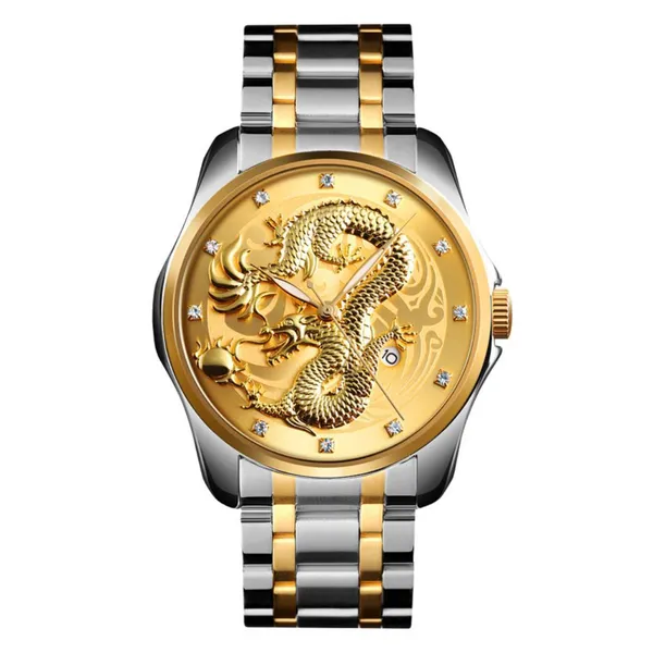 SKMEI 9193 Stainless Steel Fashion Business Men's Watch – Dial Color: Gold, Strap Color: Silver – View 1
