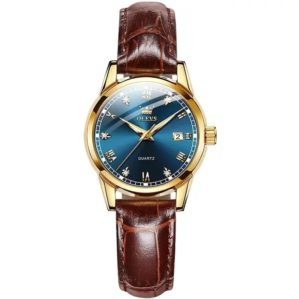 OLEVS 6896 Business Leather Strap Diamond Studded Gold Dial Waterproof Analog Wristwatch – Dial Color: Blue Gold, Strap Color: Brown – View 2