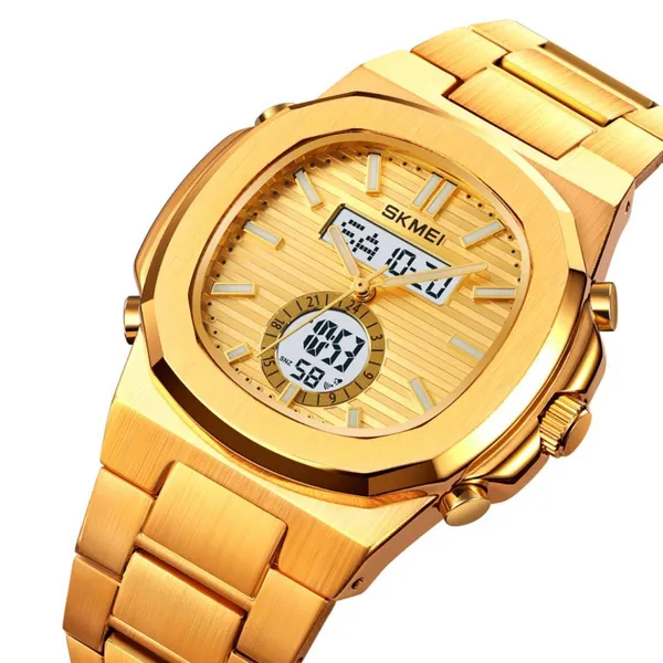 Skmei 2279 Dual Time Stainless Steel Digital Men's Watch – Dial Color: Gold, Strap Color: Gold  – View 2