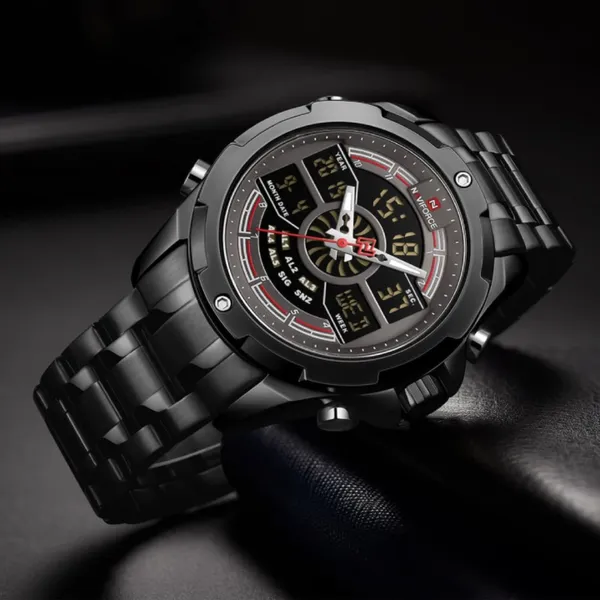 NAVIFORCE NF9170 Stainless Steel Dual Time Men's Watch – Dial Color: Black, Strap Color: Black – View 3