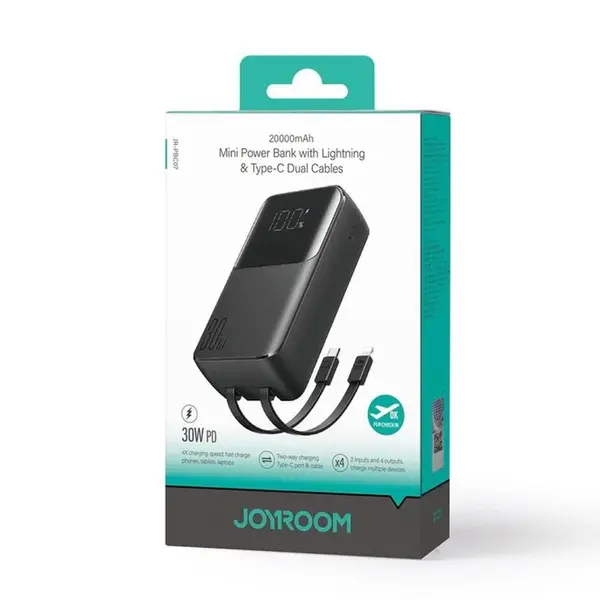 JOYROOM JR-PBC07 Lightning Dual Cables 30W Mini Power Bank – Color: Black – View 4