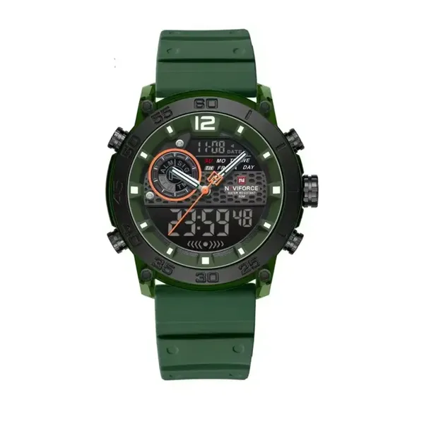 Naviforce 6104 Digital Analog Silicone Strap Waterproof Sporty Men's Watch – Dial Color: Green, Strap Color: Green – View 1