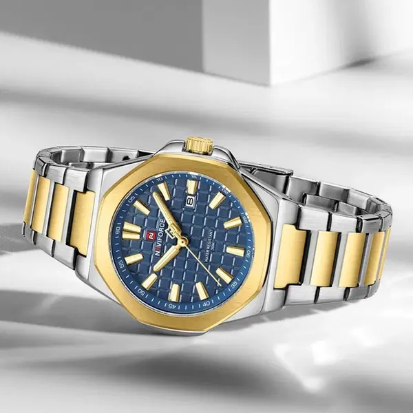 Naviforce NF9258 Stainless Steel Strap Water Resistant Analog Men Wristwatch – Dial Color: Blue, Strap Color: Gold – View 3