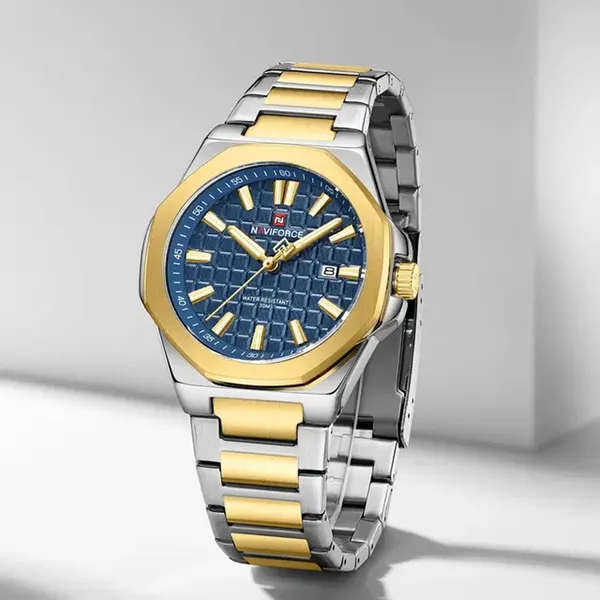 Naviforce NF9258 Stainless Steel Strap Water Resistant Analog Men Wristwatch – Dial Color: Blue, Strap Color: Gold – View 2