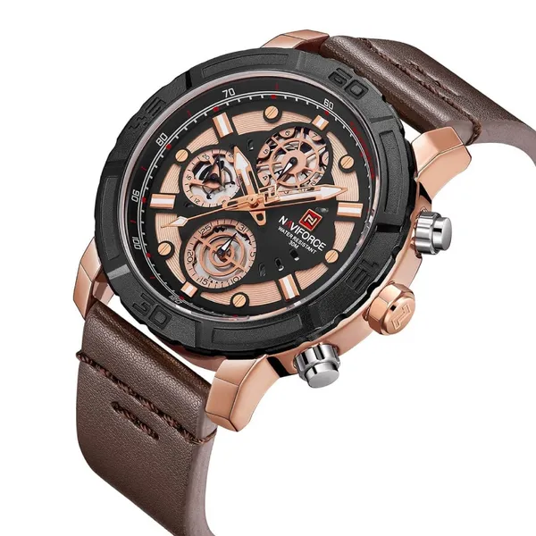 NAVIFORCE NF9139 PU Leather Chronograph Men's Watch – Dial Color: Rose, Strap Color: Rose – View 2