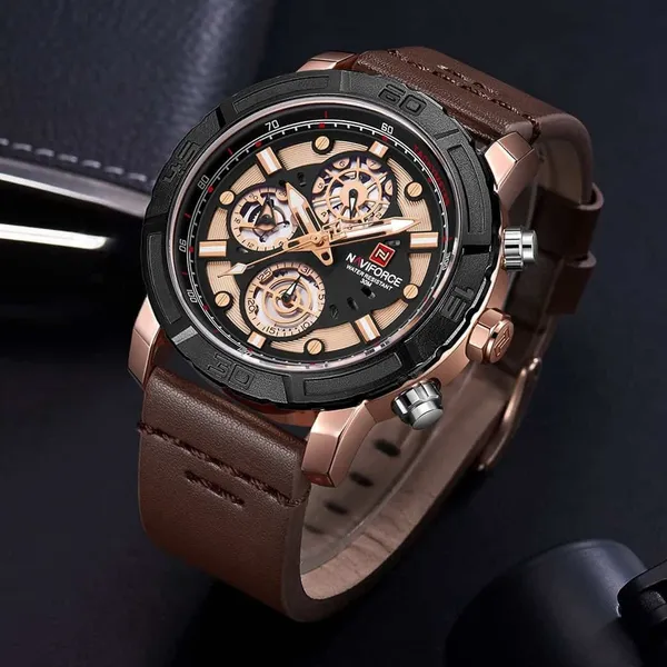 NAVIFORCE NF9139 PU Leather Chronograph Men's Watch – Dial Color: Rose, Strap Color: Rose – View 3