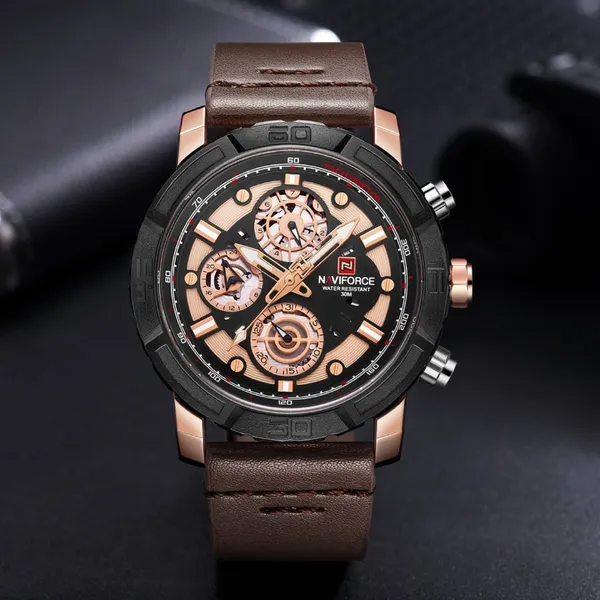 NAVIFORCE NF9139 PU Leather Chronograph Men's Watch – Dial Color: Rose, Strap Color: Rose – View 4