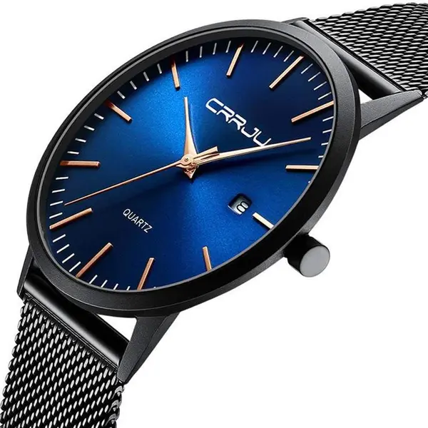 CRRJU 2172 High-Quality Slim Stainless Steel Strap Analog Quartz Formal Men’s Watch – Dial Color: Blue, Strap Color: Black – View 2