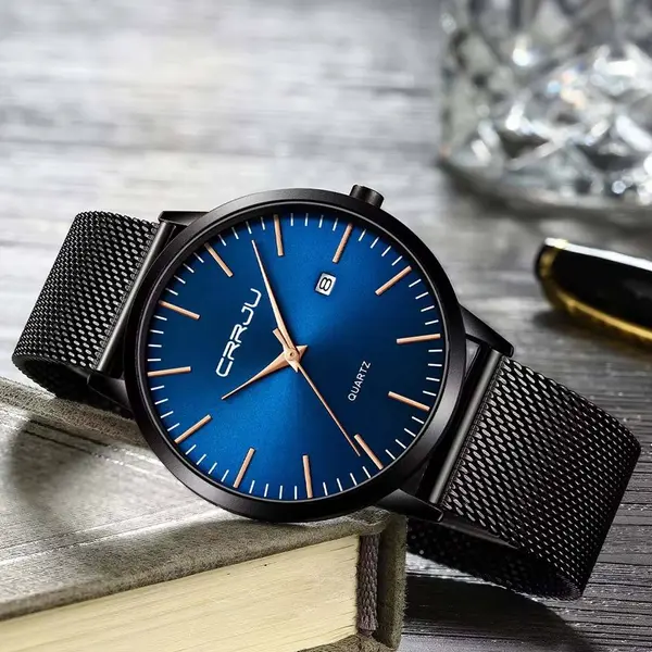 CRRJU 2172 High-Quality Slim Stainless Steel Strap Analog Quartz Formal Men’s Watch – Dial Color: Blue, Strap Color: Black – View 4
