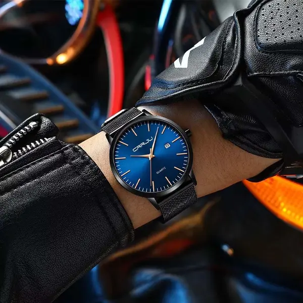 CRRJU 2172 High-Quality Slim Stainless Steel Strap Analog Quartz Formal Men’s Watch – Dial Color: Blue, Strap Color: Black – View 5