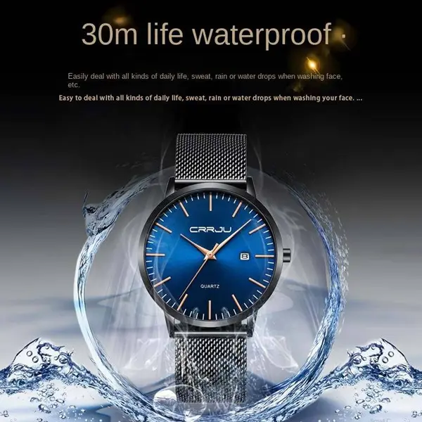CRRJU 2172 High-Quality Slim Stainless Steel Strap Analog Quartz Formal Men’s Watch – Dial Color: Blue, Strap Color: Black – View 6