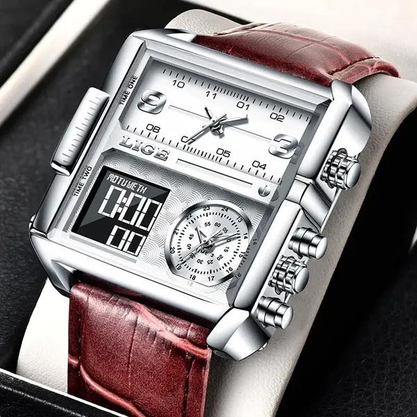 LIGE 8925 Premium Square Dual Time Leather Strap Luxury Men's Watch – Dial Color: White, Strap Color: Rose – View 3