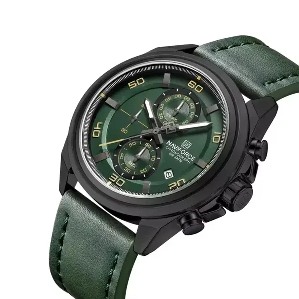 Naviforce 8075 Luxury Genuine Leather Straps Chronograph Sports Men's Watch – Dial Color: Green, Strap Color: Green  – View 2