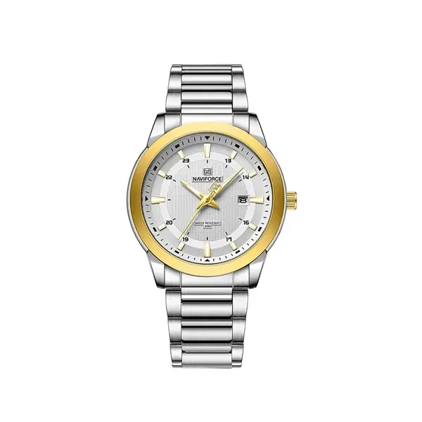 Naviforce NF8029 Luxury Stainless Steel Quartz Analog Men's Watch – Dial Color: White Gold, Strap Color: Silver – View 1