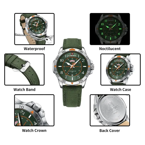 NAVIFORCE NF9204N Nylon Strap Waterproof Quartz Men’s Sport Watch – Dial Color: Green, Strap Color: Green  – View 3