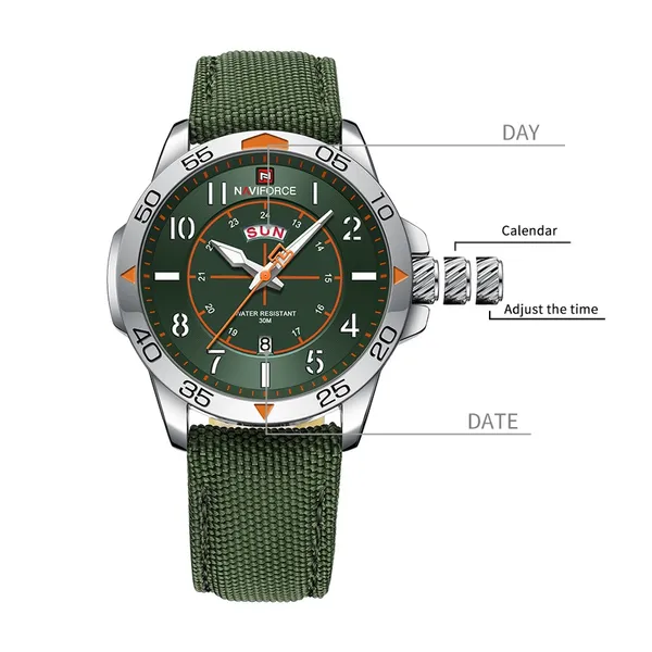 NAVIFORCE NF9204N Nylon Strap Waterproof Quartz Men’s Sport Watch – Dial Color: Green, Strap Color: Green  – View 4