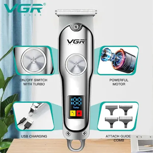 VGR V-290 Professional Hair Trimmer with LED Display For Men – Color: Silver – View 4