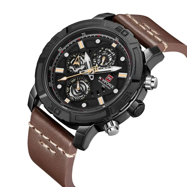 NAVIFORCE NF9139 PU Leather Chronograph Men's Watch – Dial Color: Black, Strap Color:  Brown  – View 2