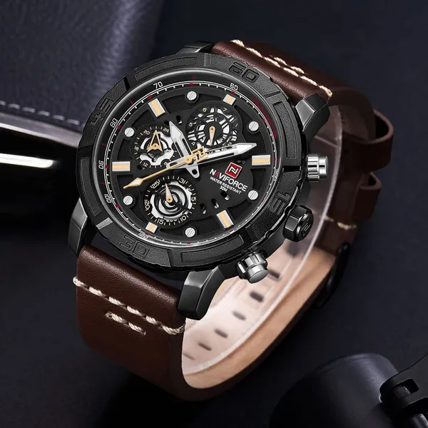 NAVIFORCE NF9139 PU Leather Chronograph Men's Watch – Dial Color: Black, Strap Color:  Brown  – View 3