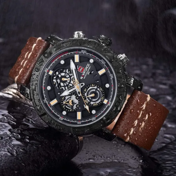 NAVIFORCE NF9139 PU Leather Chronograph Men's Watch – Dial Color: Black, Strap Color:  Brown  – View 5