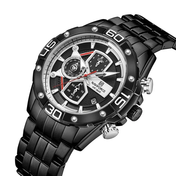 NAVIFORCE NF8018 Stainless Steel Chronograph Man's Watch – Dial Color: Black, Strap Color: Black – View 2