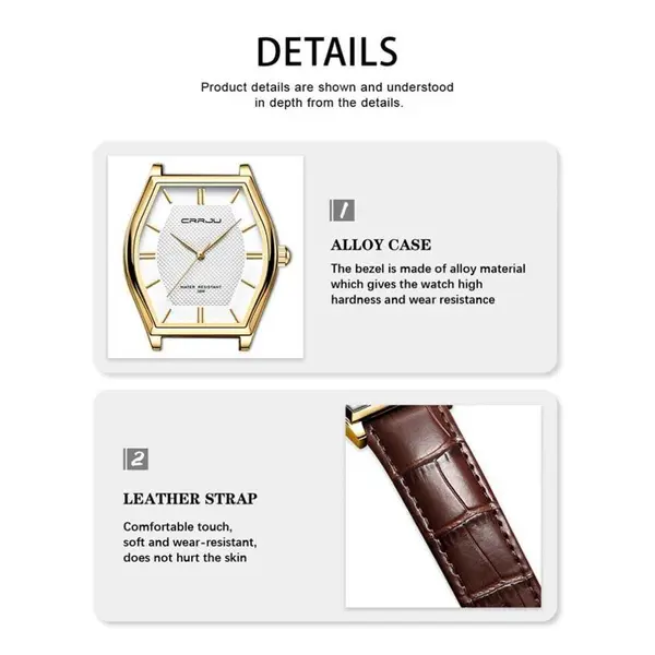CRRJU 5020 Genuine Leather Strap Quartz Analog Luxury Redefined Men’s Fashion Watch – Dial Color: Gold, Strap Color:  Brown  – View 4