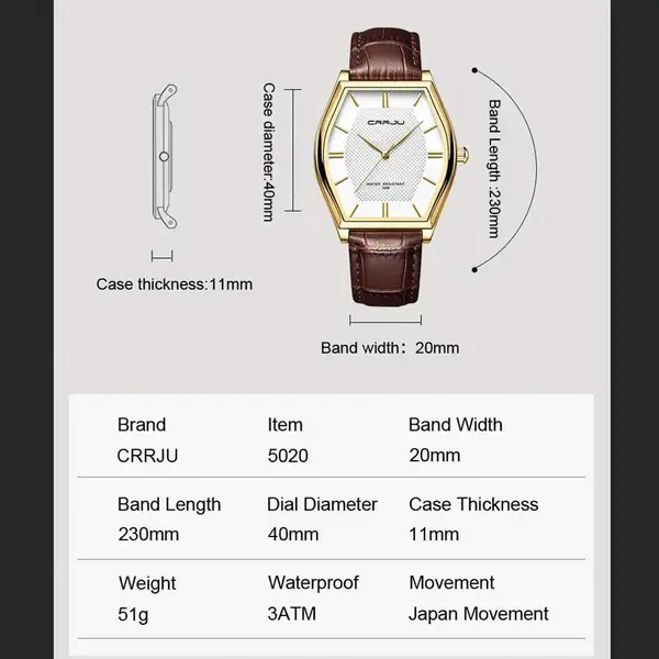 CRRJU 5020 Genuine Leather Strap Quartz Analog Luxury Redefined Men’s Fashion Watch – Dial Color: Gold, Strap Color:  Brown  – View 5