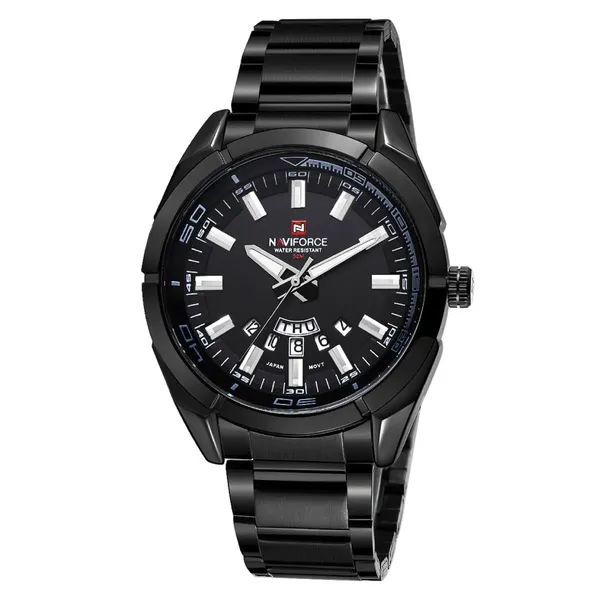 Naviforce NF9038 Luxury Quartz Stailness Steel Men's Watch – Dial Color: Black, Strap Color: Black – View 1