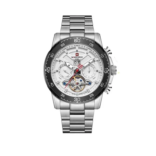 NAVIFORCE NF1001 Luxury Casual Mechanical Watch – Dial Color: White, Strap Color: Silver – View 1