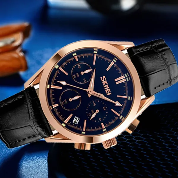 SKMEI 9127 Quartz Analog Leather Strap Casual Men's Watch – Dial Color: Rose, Strap Color: Black – View 3