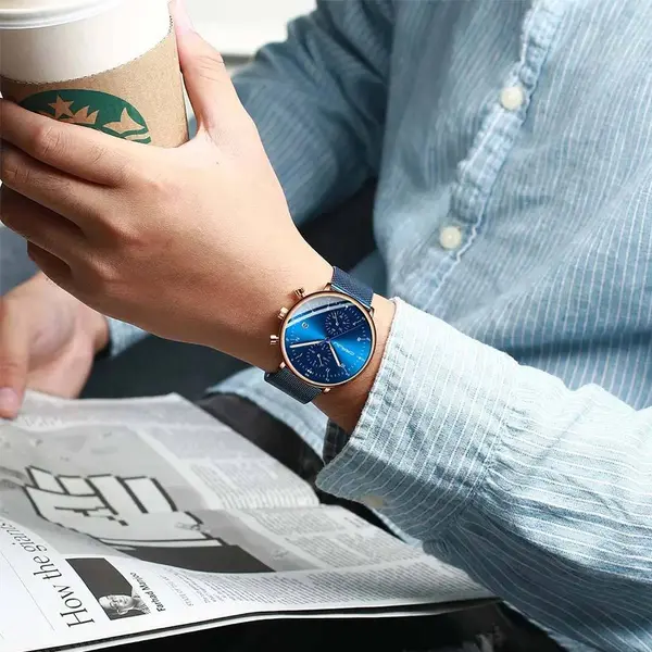 CRRJU 2278 Comfortable Mesh Stainless Steel Ultra Slim Modern Fashion Men's Watch – Dial Color: Rose, Strap Color: Blue – View 2