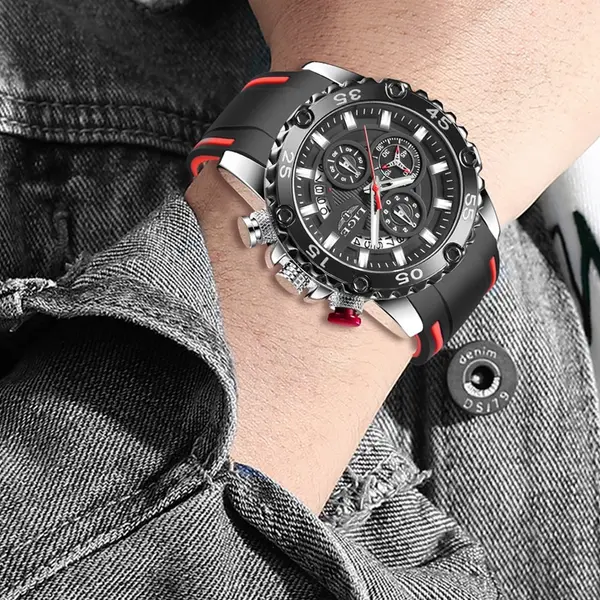 LIGE 10027 Premium PU Leather Analog Sporty Men's Watch – Dial Color: Silver, Strap Color: Black – View 2