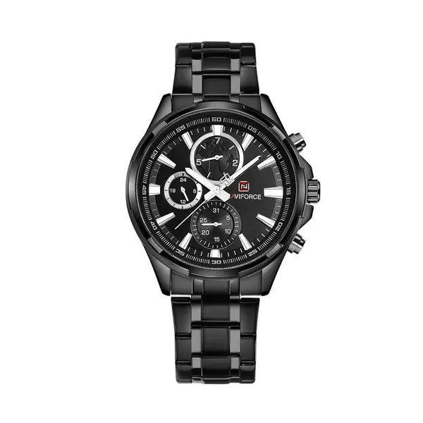 Naviforce NF9089 Stainless Steel Chronograph Multifunctional Classic Men's Watch – Dial Color: Black, Strap Color: Black – View 1