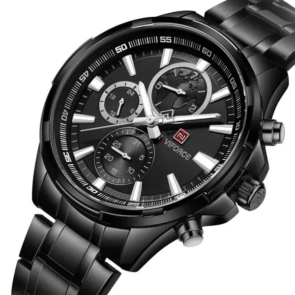 Naviforce NF9089 Stainless Steel Chronograph Multifunctional Classic Men's Watch – Dial Color: Black, Strap Color: Black – View 3