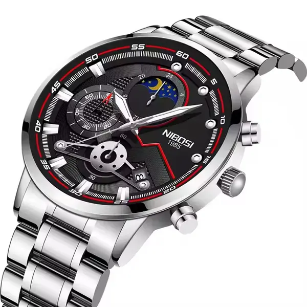 Nibosi 2503 High Quality Stainless Steel Multifunctional Classic Men's Watch – Dial Color: Black, Strap Color: Silver – View 2