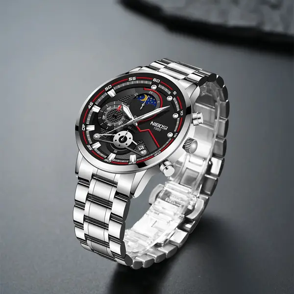 Nibosi 2503 High Quality Stainless Steel Multifunctional Classic Men's Watch – Dial Color: Black, Strap Color: Silver – View 3