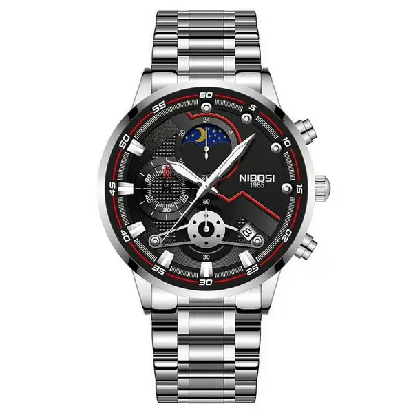 Nibosi 2503 High Quality Stainless Steel Multifunctional Classic Men's Watch – Dial Color: Black, Strap Color: Silver – View 1