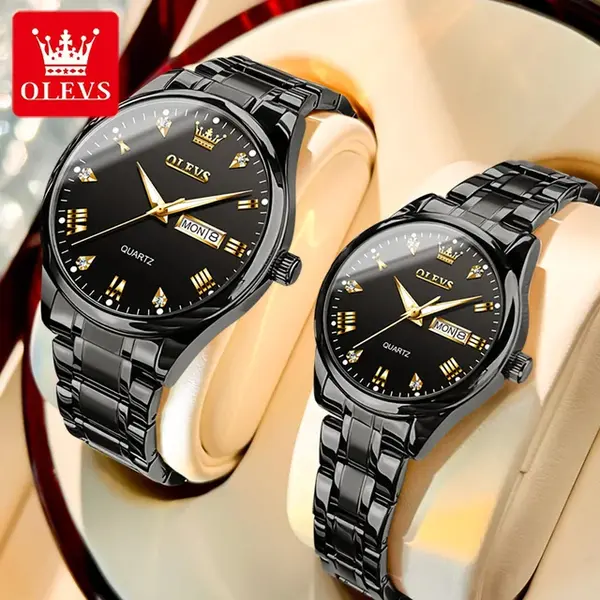 Olevs 5563 Diamond Studded Stainless Steel Waterproof Quartz Analog Watch for Couples – Dial Color: Black, Strap Color: Black – View 3