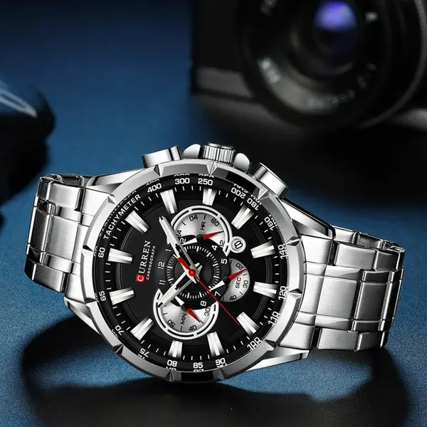 Curren 8363 Comfortable Stainless Steel Multifunctional Chronograph Casual Men's Watch – Dial Color: Black, Strap Color: Silver – View 3