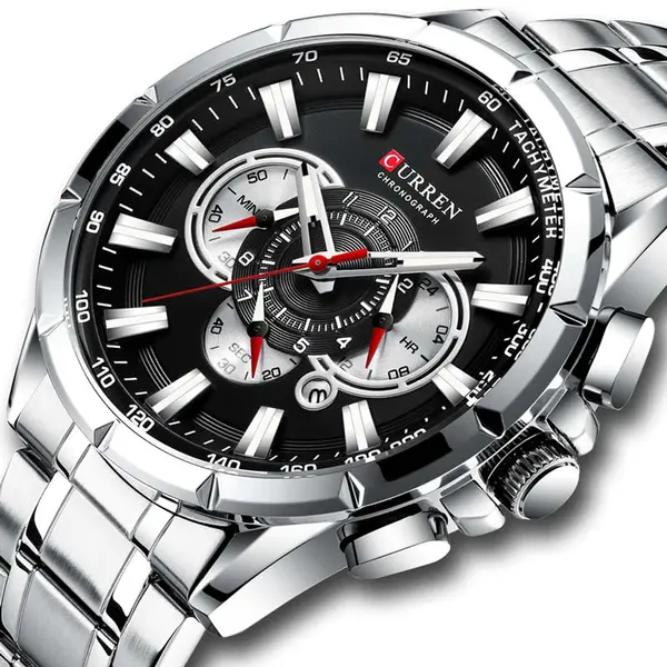 Curren 8363 Comfortable Stainless Steel Multifunctional Chronograph Casual Men's Watch – Dial Color: Black, Strap Color: Silver – View 2