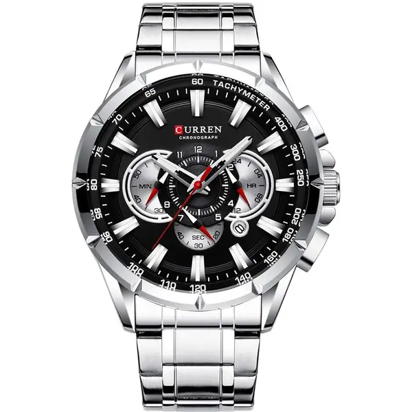 Curren 8363 Comfortable Stainless Steel Multifunctional Chronograph Casual Men's Watch – Dial Color: Black, Strap Color: Silver – View 1