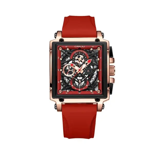 CRRJU 2312 Comfortable Silicone Band Multifunctional Skeleton Dial Sports Men's Watch – Dial Color: Rose, Strap Color: Red – View 1