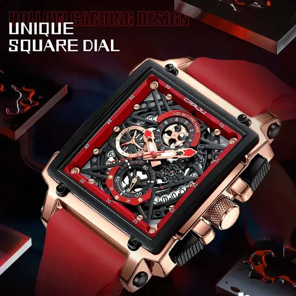 CRRJU 2312 Comfortable Silicone Band Multifunctional Skeleton Dial Sports Men's Watch – Dial Color: Rose, Strap Color: Red – View 2