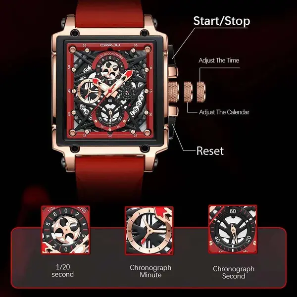 CRRJU 2312 Comfortable Silicone Band Multifunctional Skeleton Dial Sports Men's Watch – Dial Color: Rose, Strap Color: Red – View 5