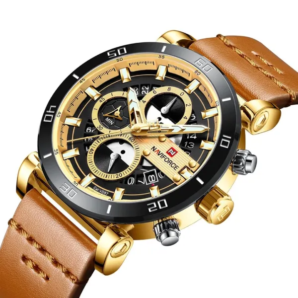 Naviforce NF9131 Analog Sports Leather Quartz Men's Watch – Dial Color: Gold, Strap Color:  Brown  – View 2