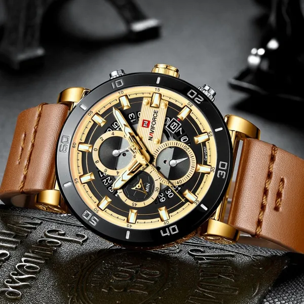 Naviforce NF9131 Analog Sports Leather Quartz Men's Watch – Dial Color: Gold, Strap Color:  Brown  – View 3