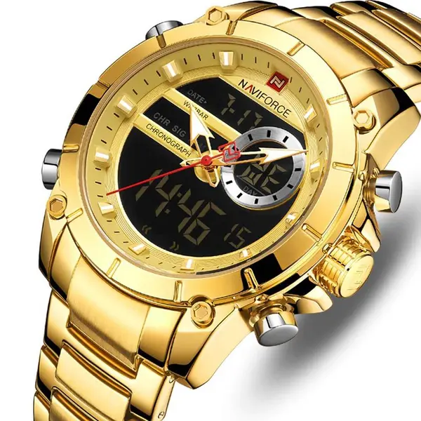 Naviforce NF9163 Stainless Steel Dual Movement Military Sport Men's Watch – Dial Color: Gold, Strap Color: Gold  – View 2